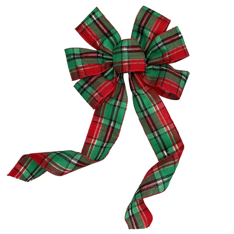GiftWrap Etc. Green Red Plaid Christmas Bow - 10" Wide, 18" Long Pre-Tied Bow, Tartan, Door Decoration, Swag, Wreath, Garland, Boxing Day, Winter Decor - Image 1